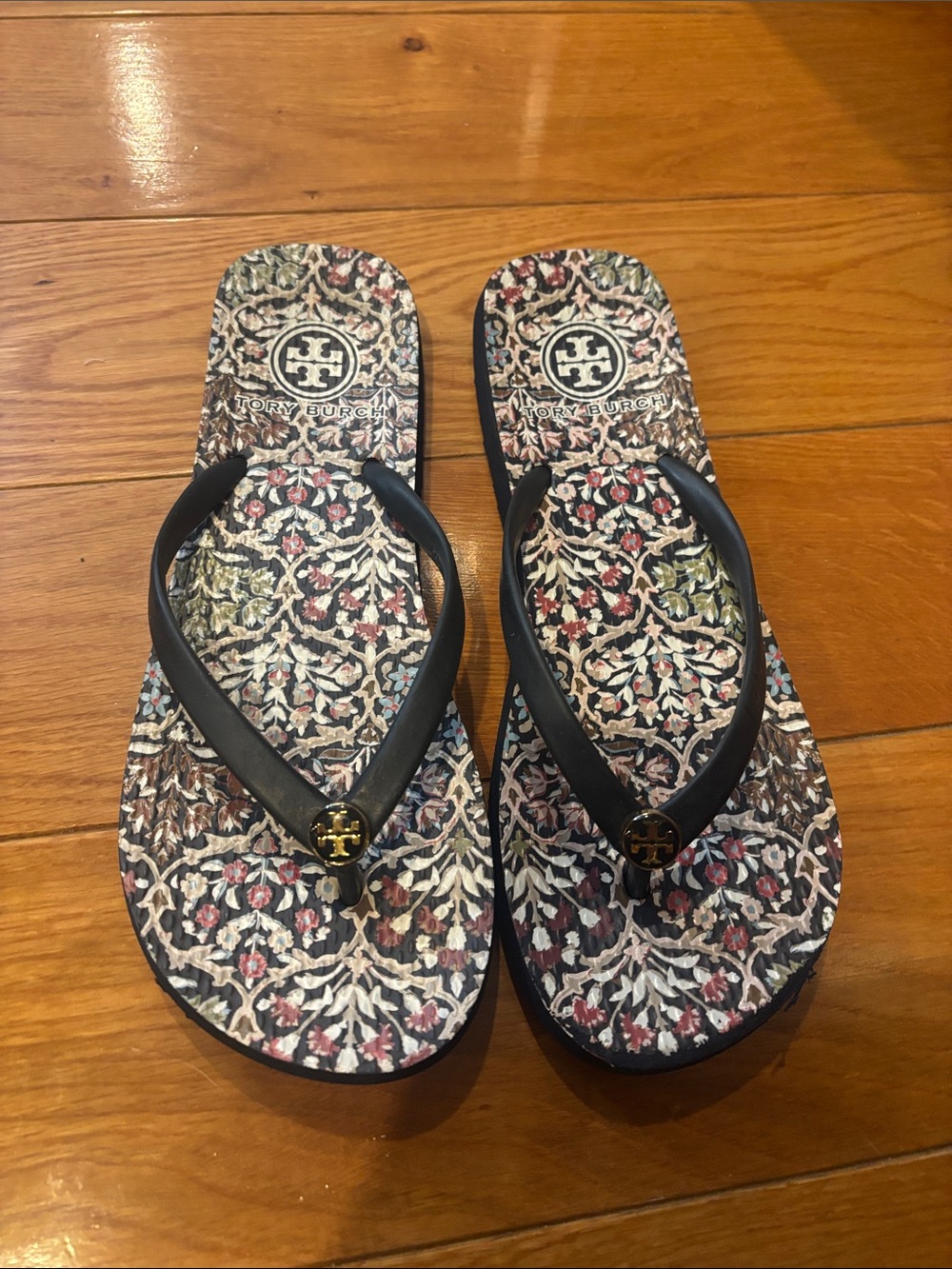 Tory Burch Black Strappy Sandals with Multicolor Floral Footbed